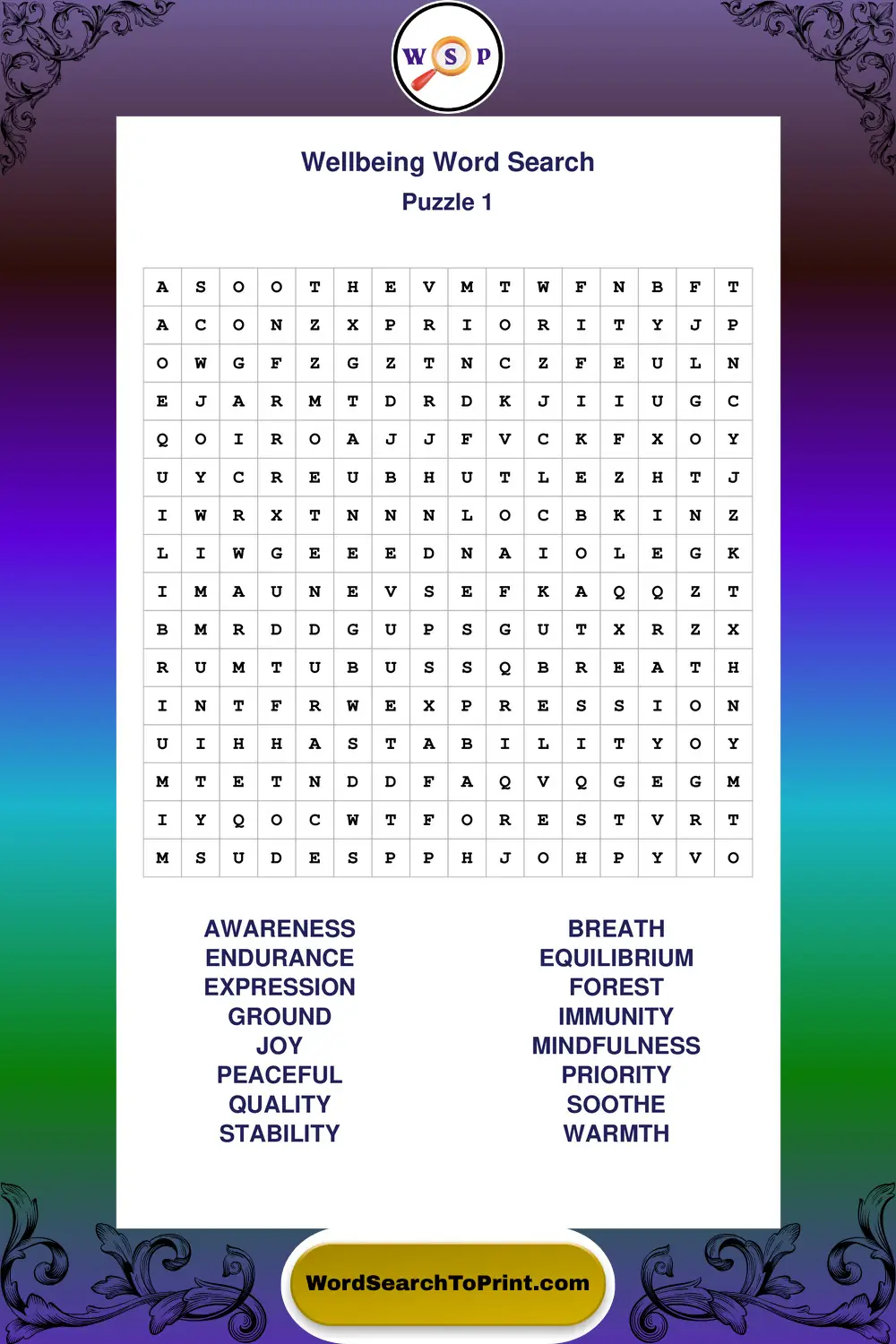 Wellbeing Word Search Puzzle 1