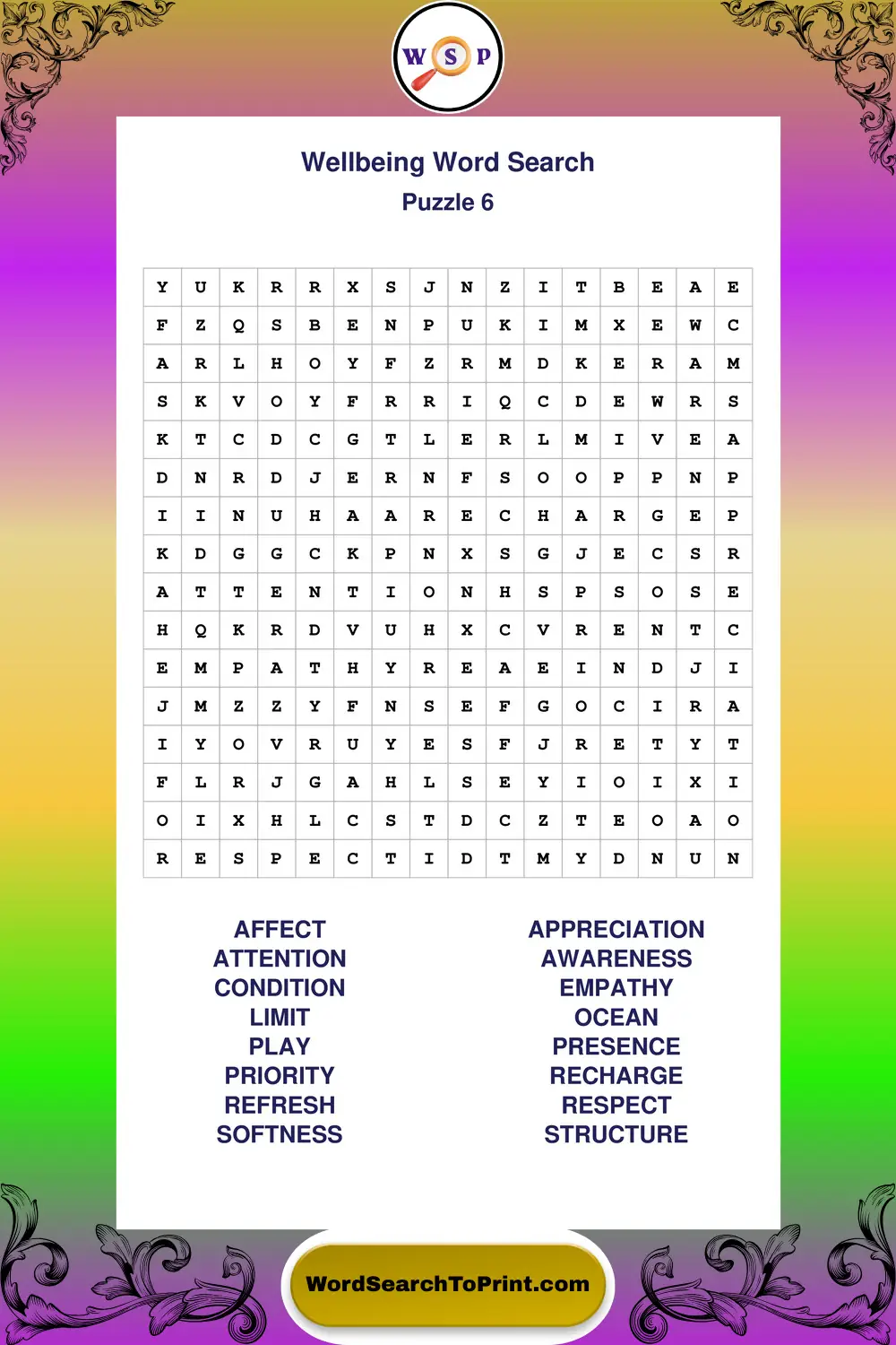 Wellbeing Word Search Puzzle 6
