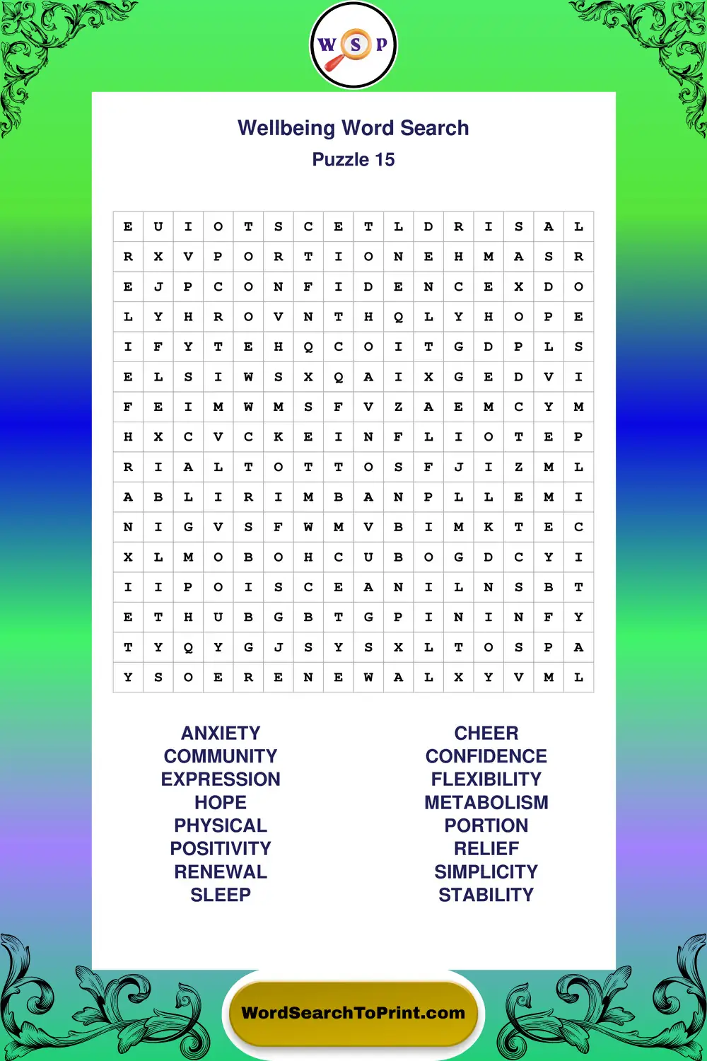Wellbeing Word Search Puzzle 15