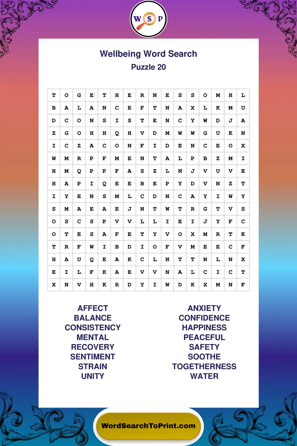 Wellbeing Word Search Puzzle 20