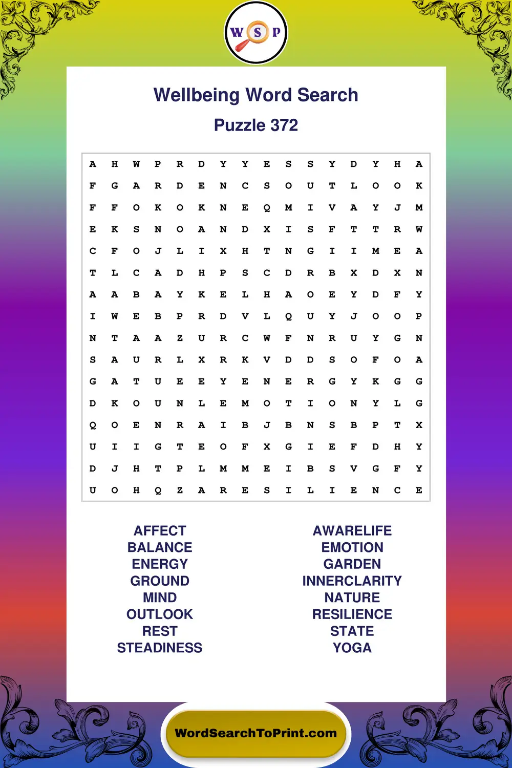 Wellbeing Word Search Puzzle 372