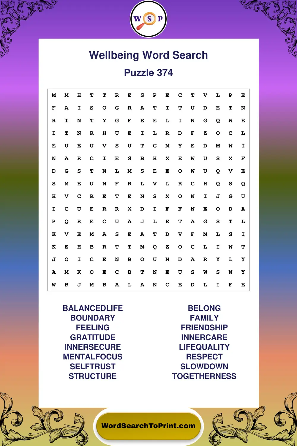 Wellbeing Word Search Puzzle 374