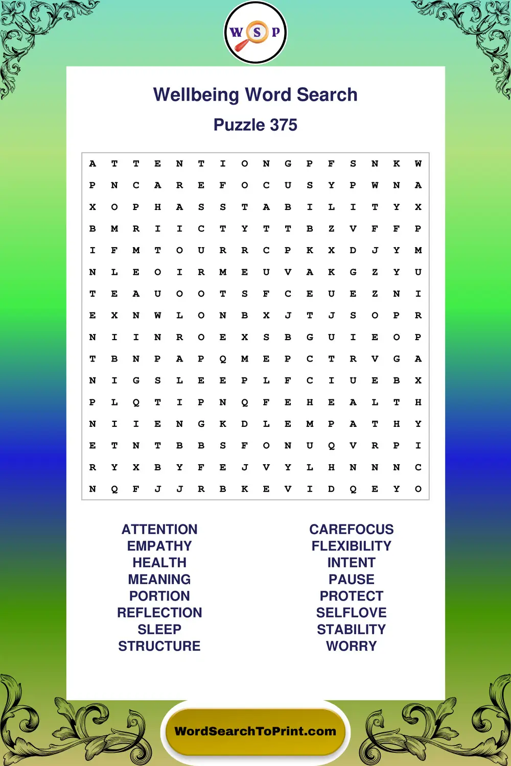 Wellbeing Word Search Puzzle 375