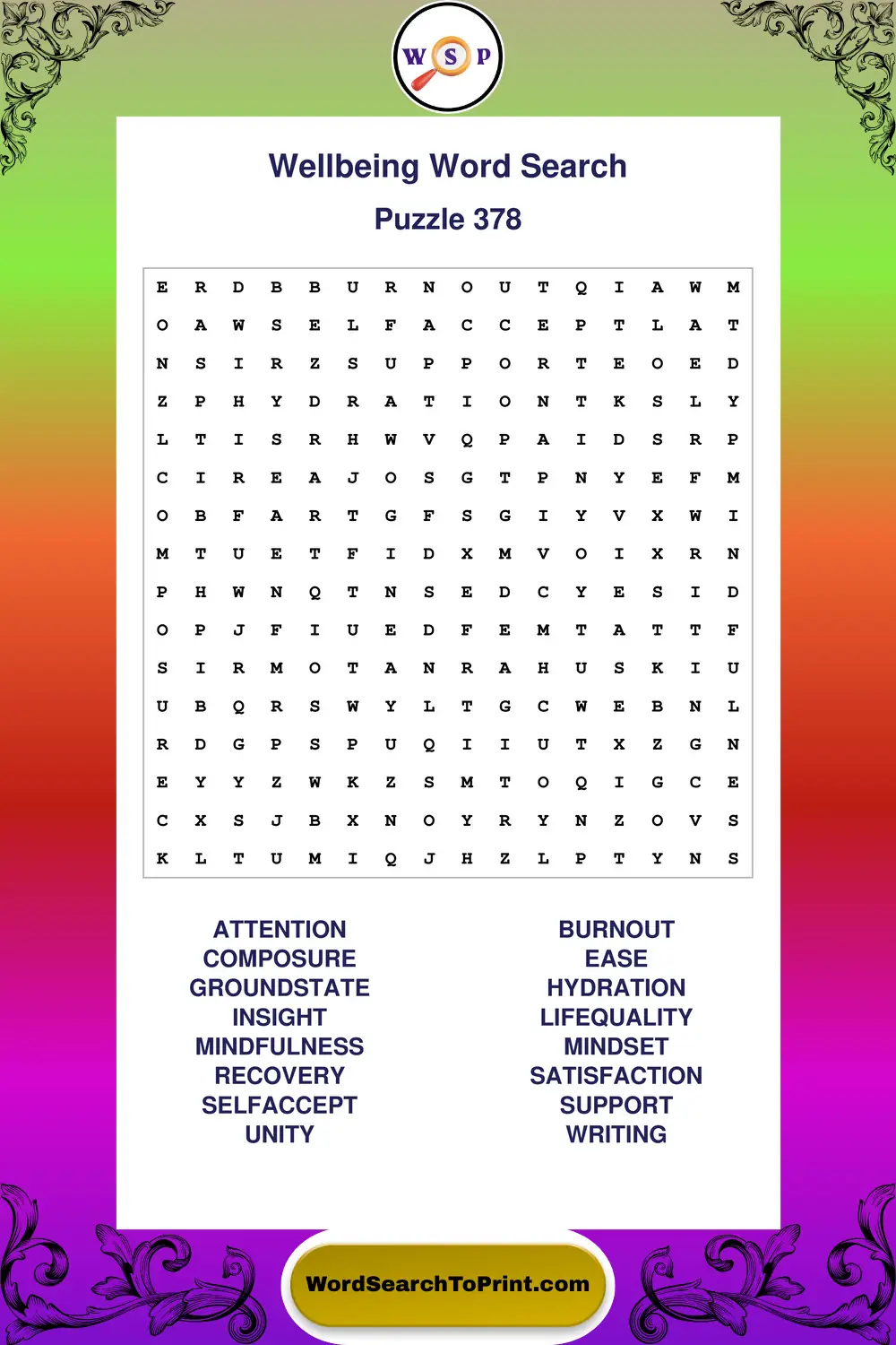 Wellbeing Word Search Puzzle 378
