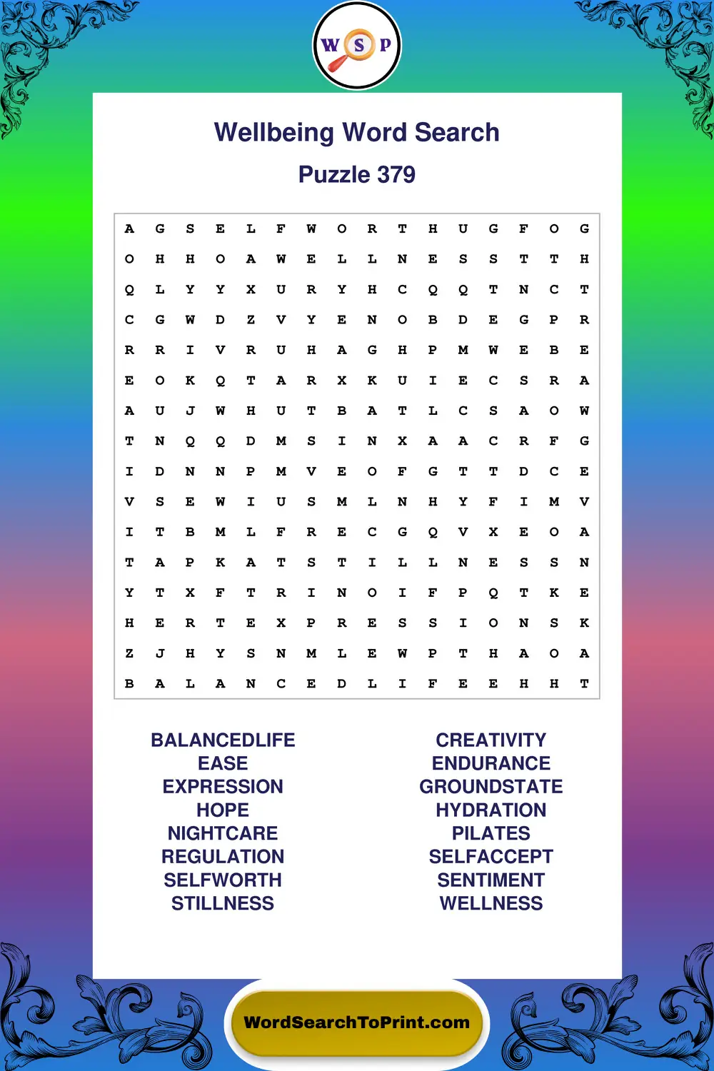 Wellbeing Word Search Puzzle 379