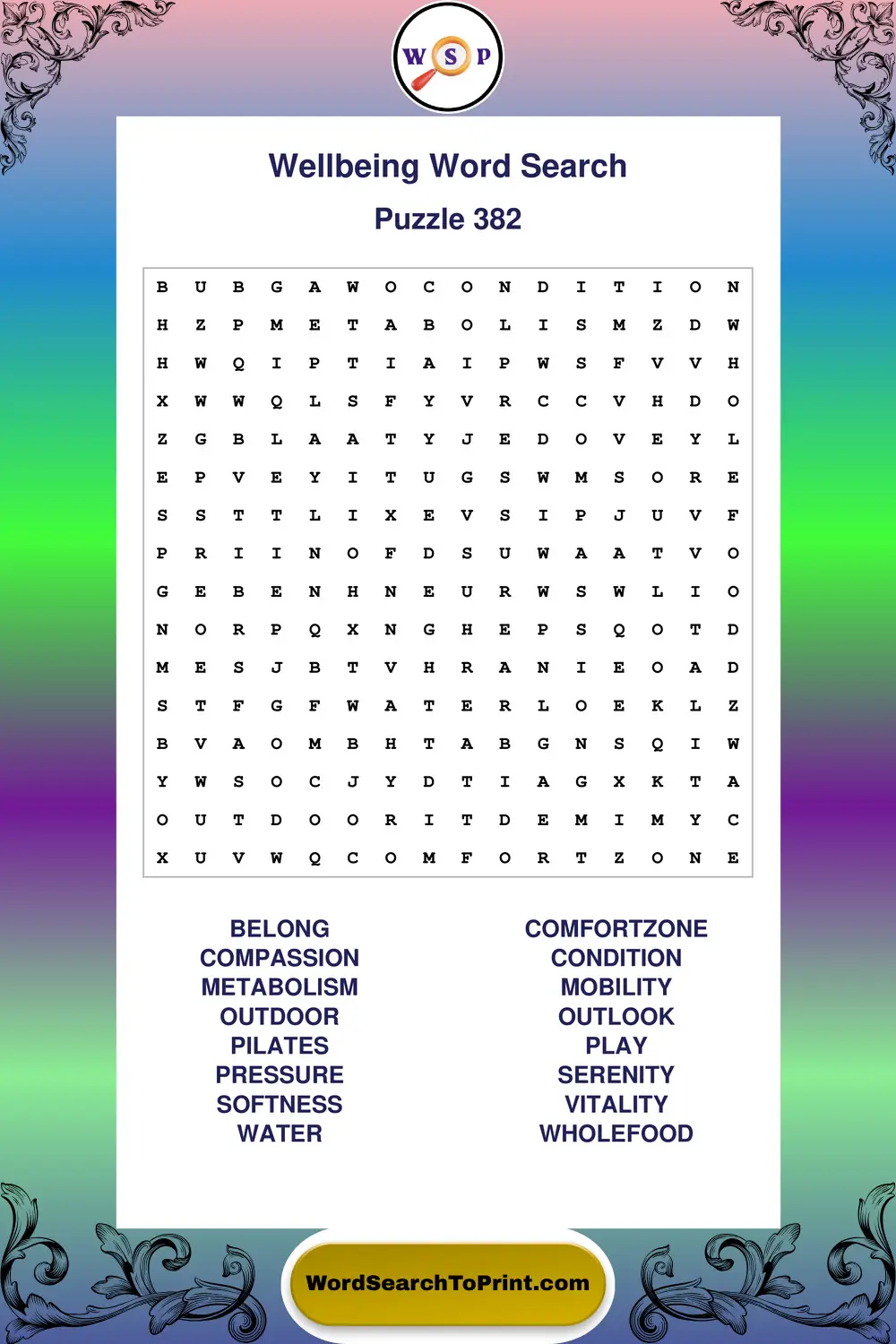 Wellbeing Word Search Puzzle 382