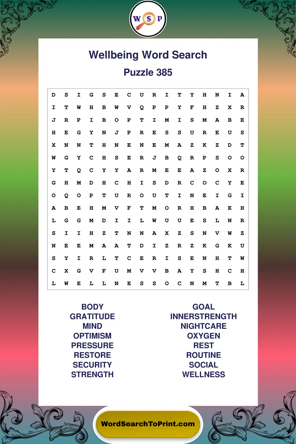 Wellbeing Word Search Puzzle 385