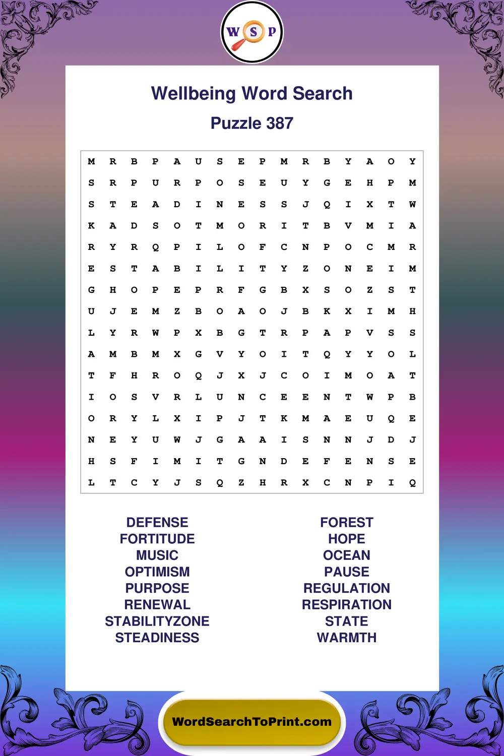 Wellbeing Word Search Puzzle 387