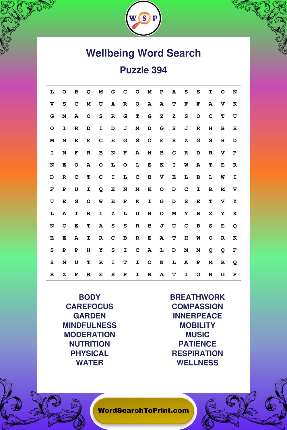 Wellbeing Word Search Puzzle 394