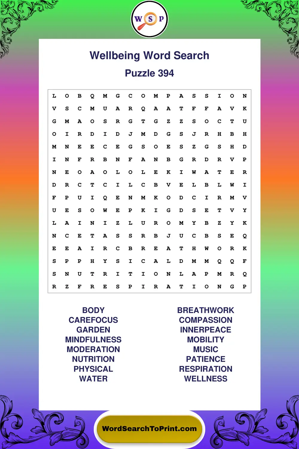 Wellbeing Word Search Puzzle 394