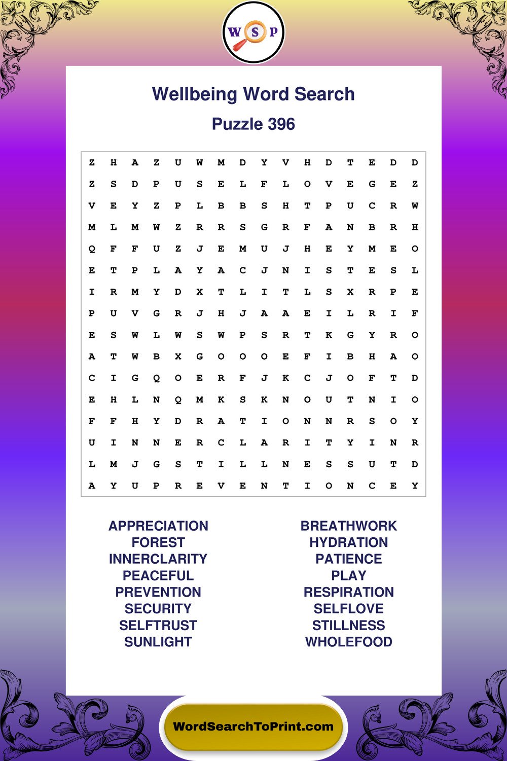 Wellbeing Word Search Puzzle 396