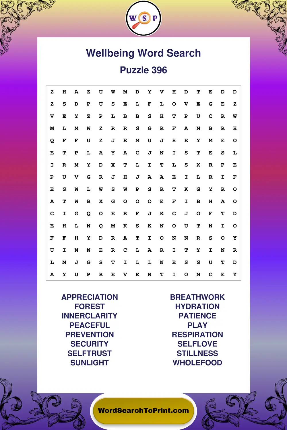 Wellbeing Word Search Puzzle 396