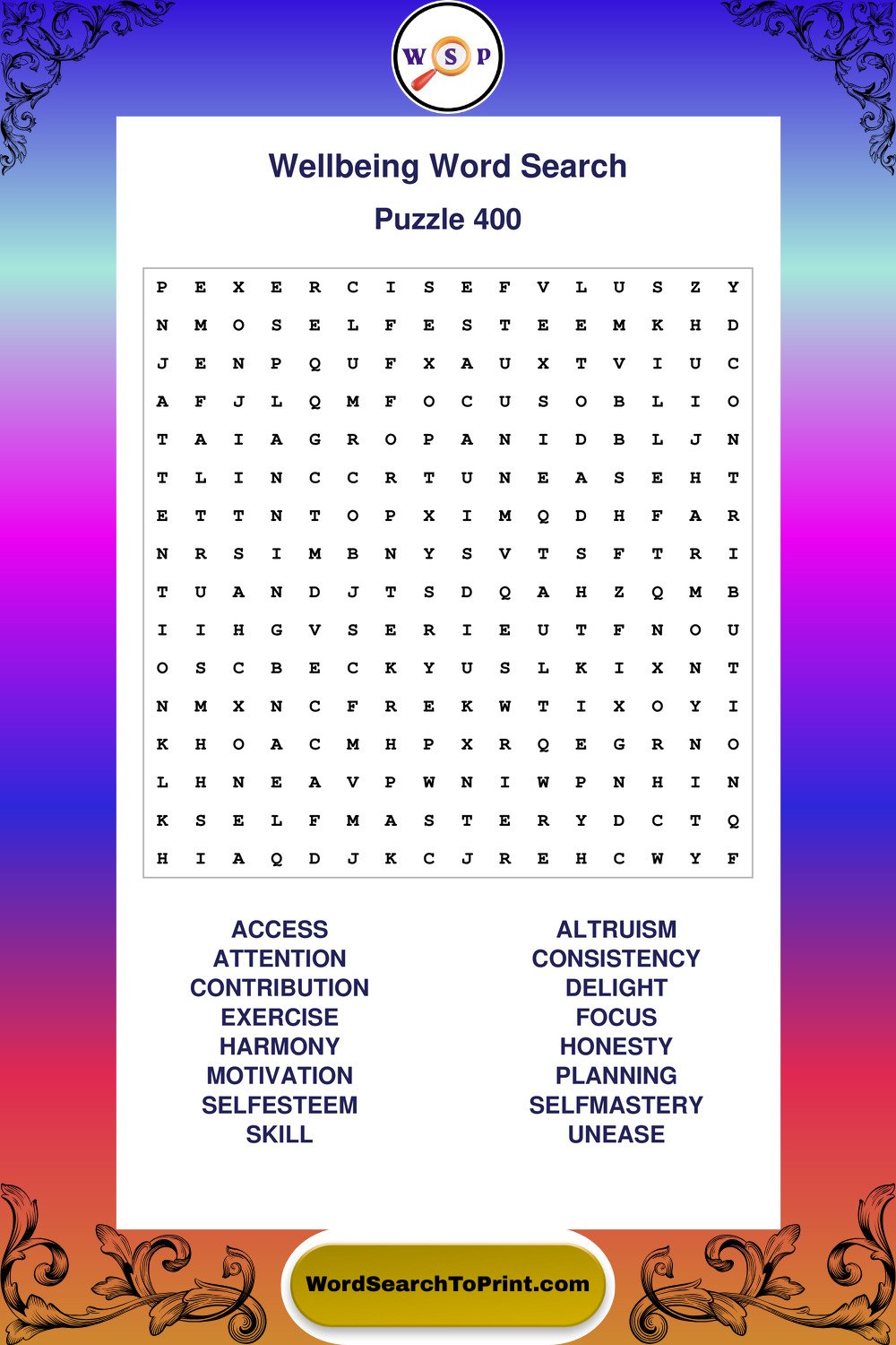 Wellbeing Word Search Puzzle 400