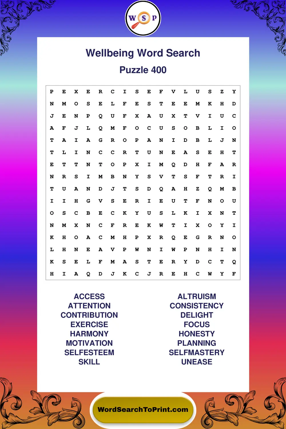 Wellbeing Word Search Puzzle 400