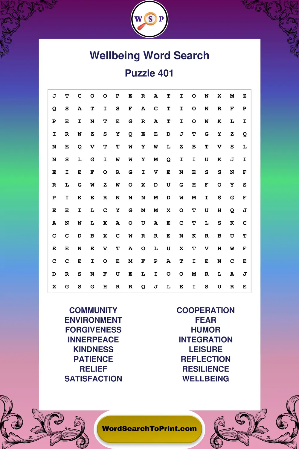 Wellbeing Word Search Puzzle 401