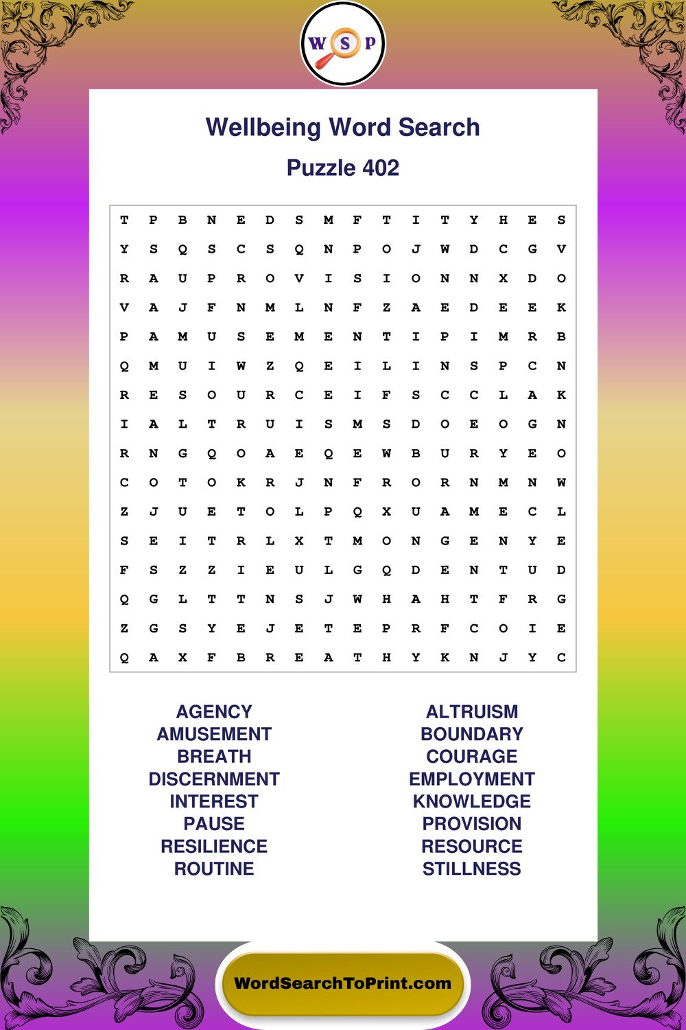 Wellbeing Word Search Puzzle 402