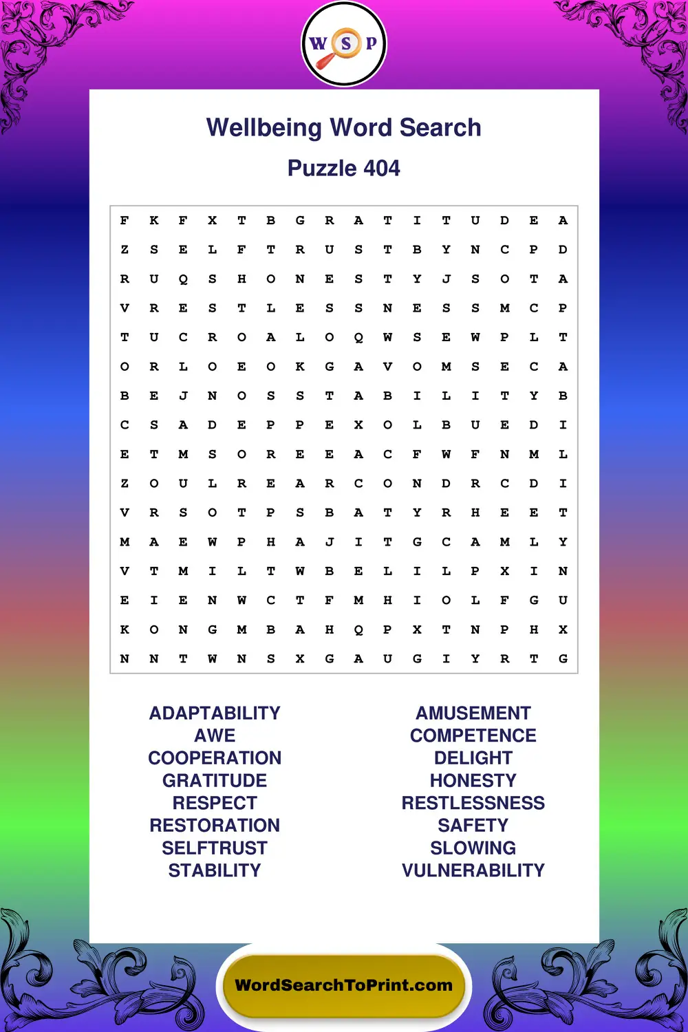 Wellbeing Word Search Puzzle 404