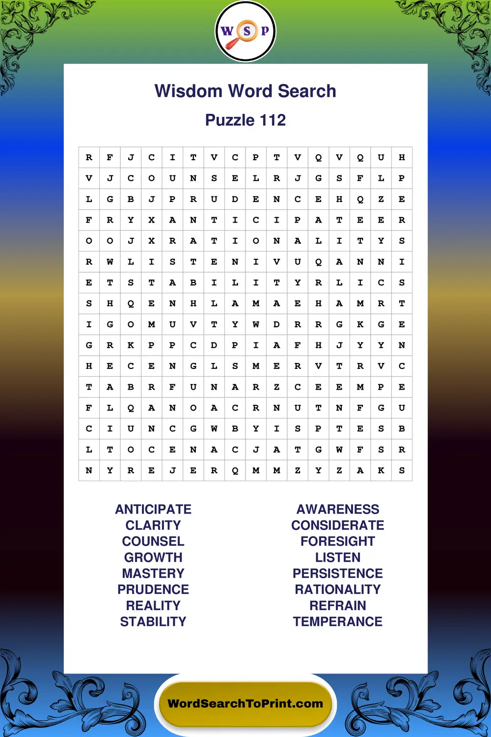 Wisdom Word Search Puzzle 112