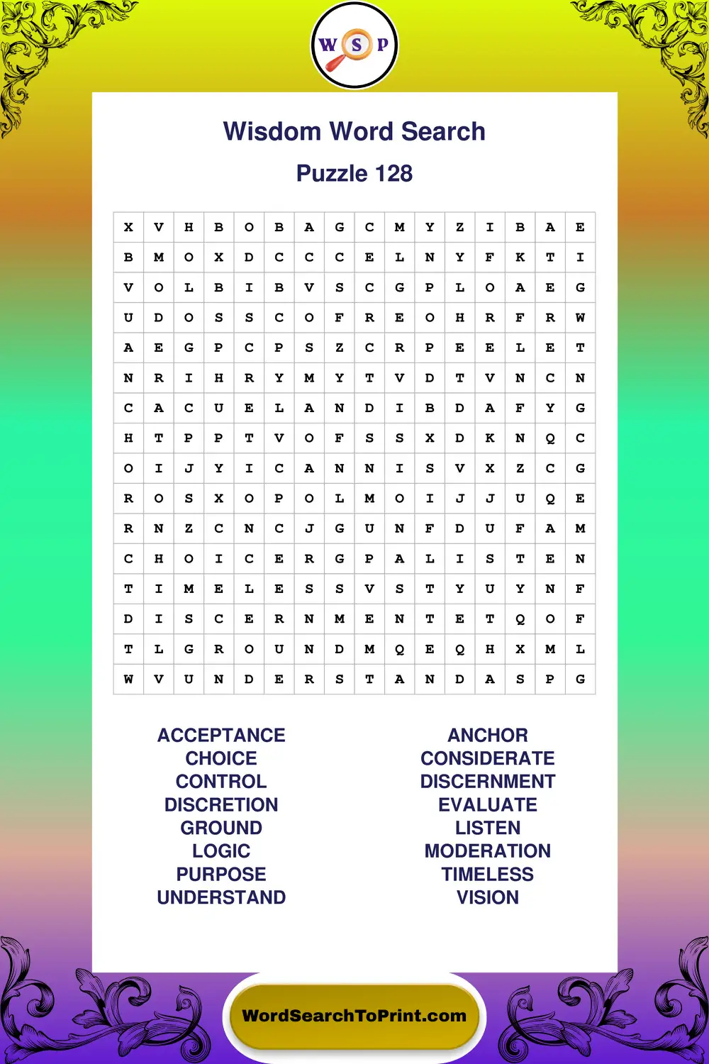 Wisdom Word Search Puzzle 128