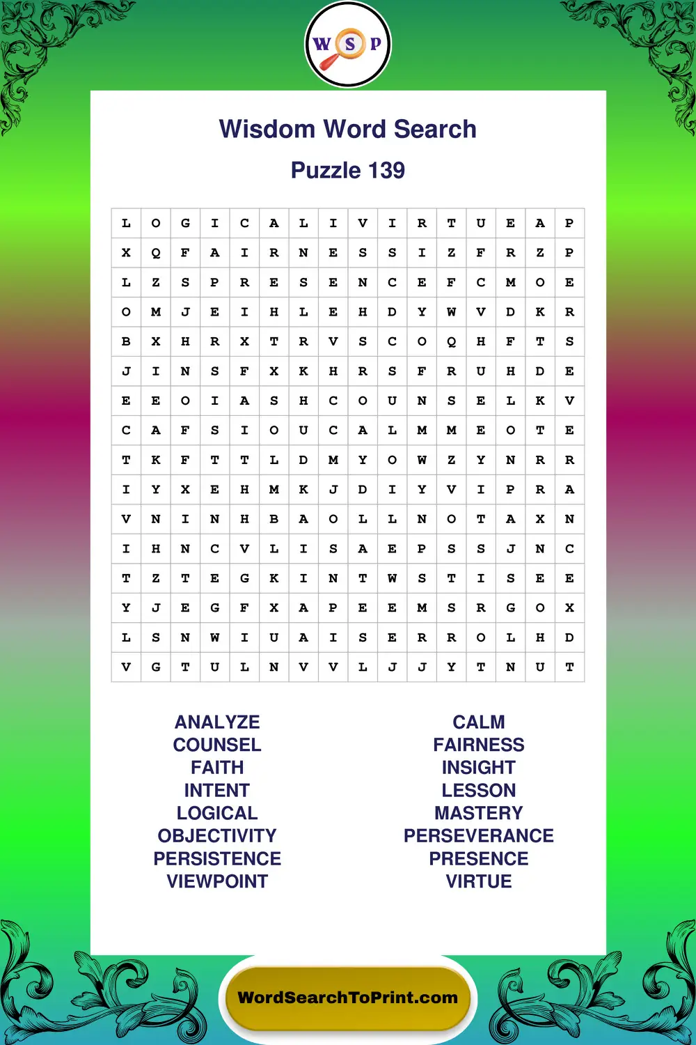 Wisdom Word Search Puzzle 139