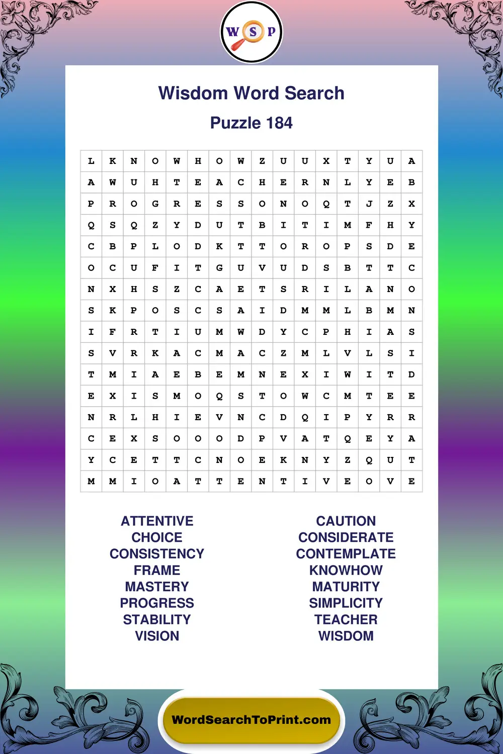 Wisdom Word Search Puzzle 184