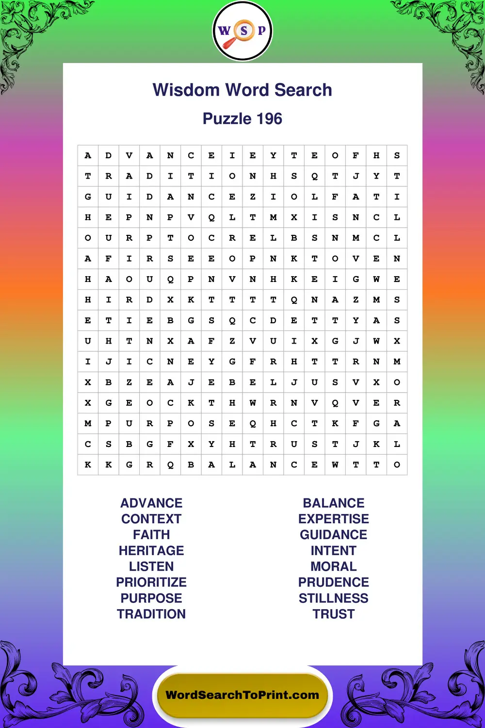 Wisdom Word Search Puzzle 196