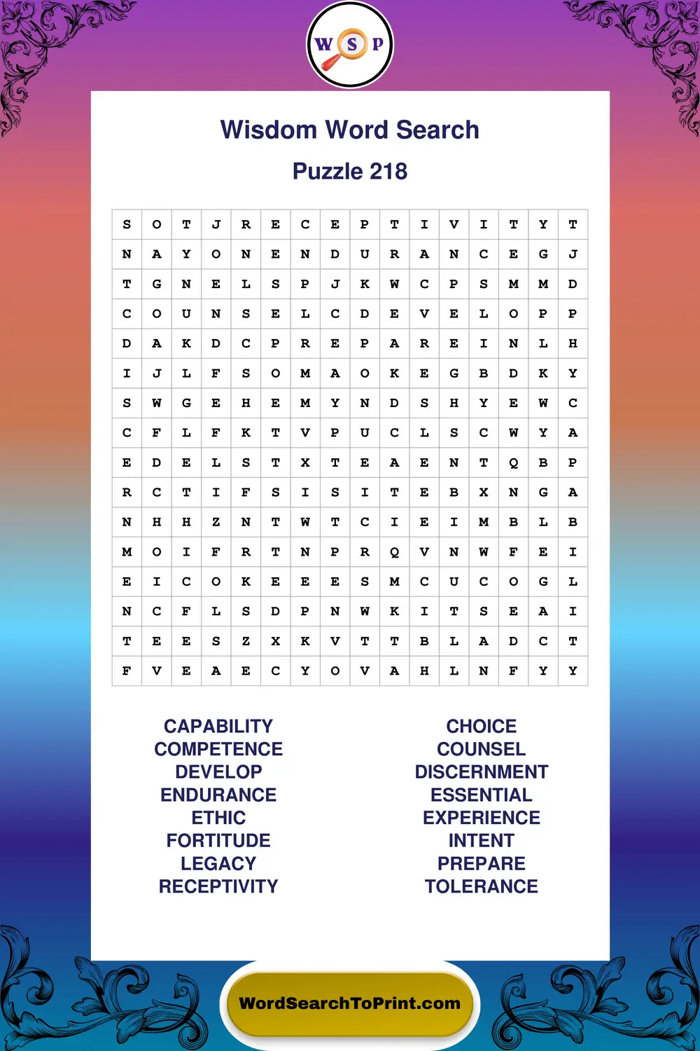 Wisdom Word Search Puzzle 218