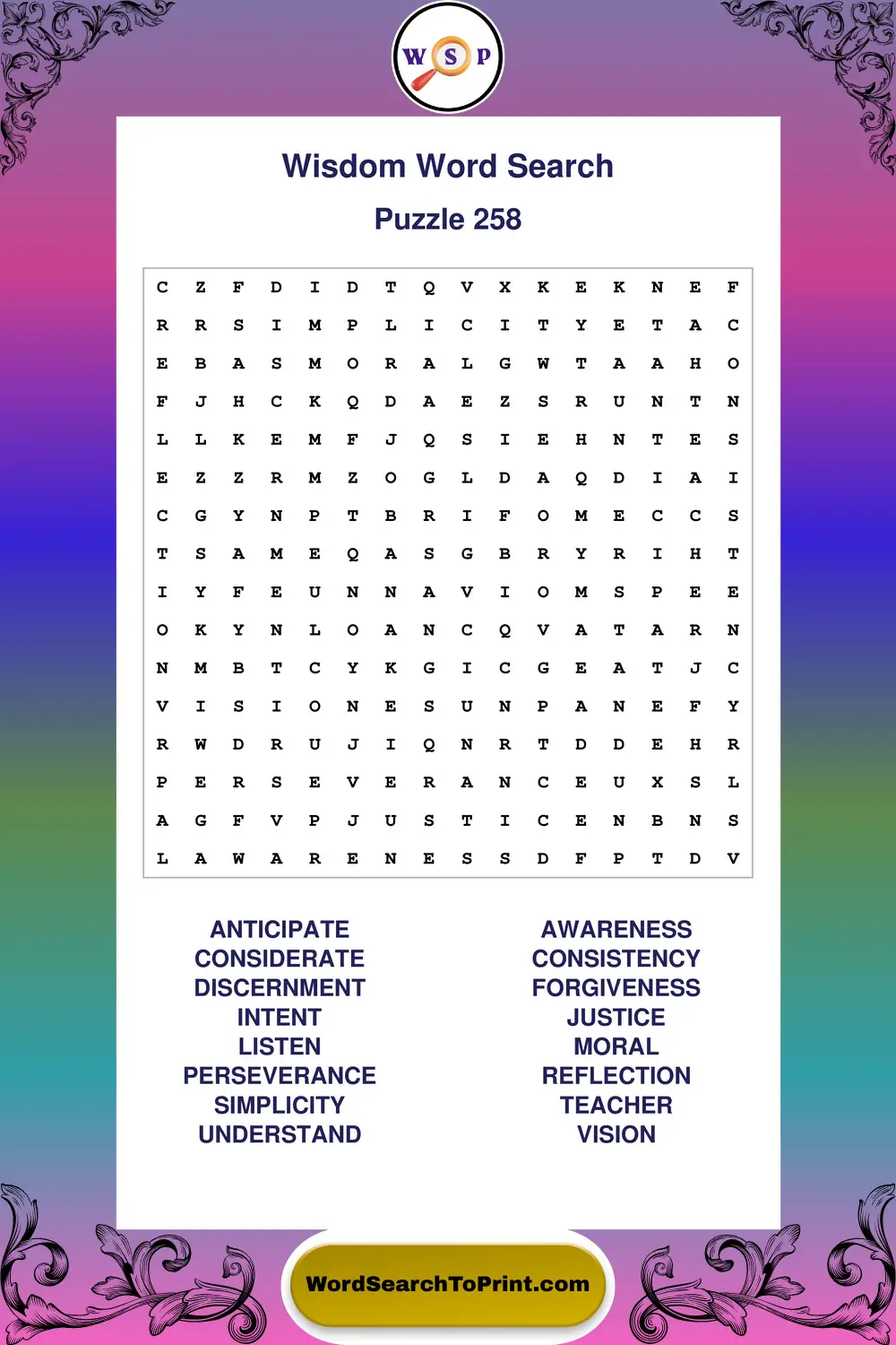 Wisdom Word Search Puzzle 258