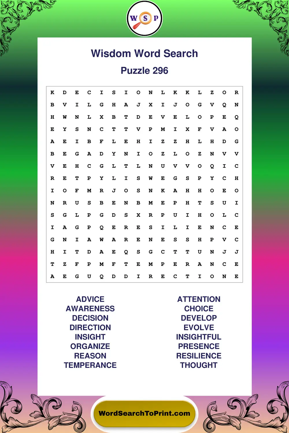 Wisdom Word Search Puzzle 296