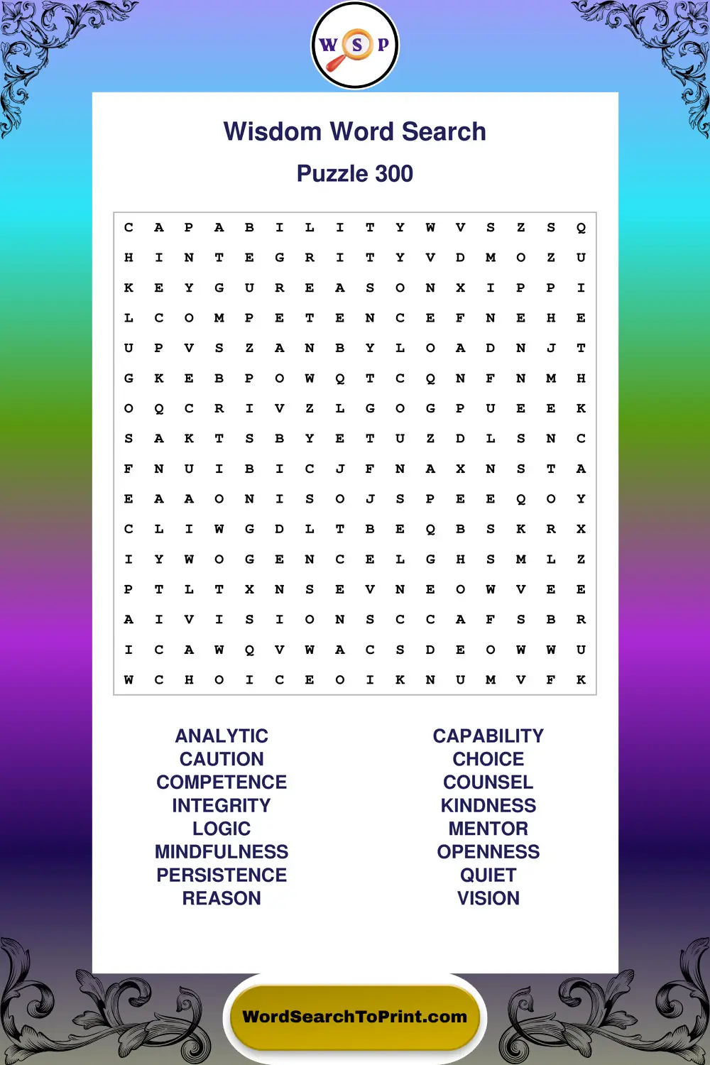 Wisdom Word Search Puzzle 300
