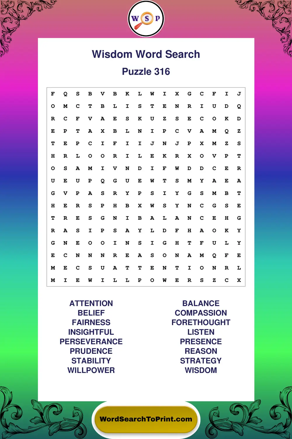 Wisdom Word Search Puzzle 316