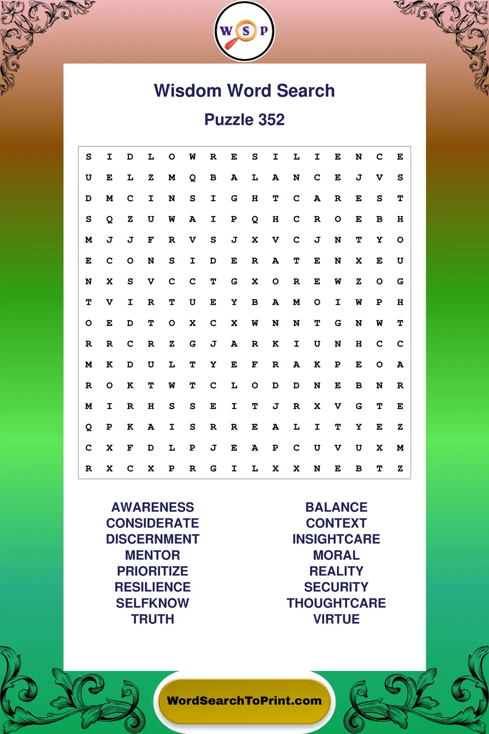Wisdom Word Search Puzzle 352