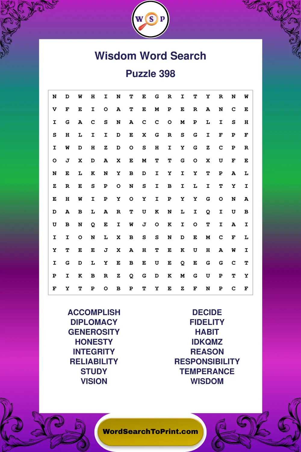 Wisdom Word Search Puzzle 398