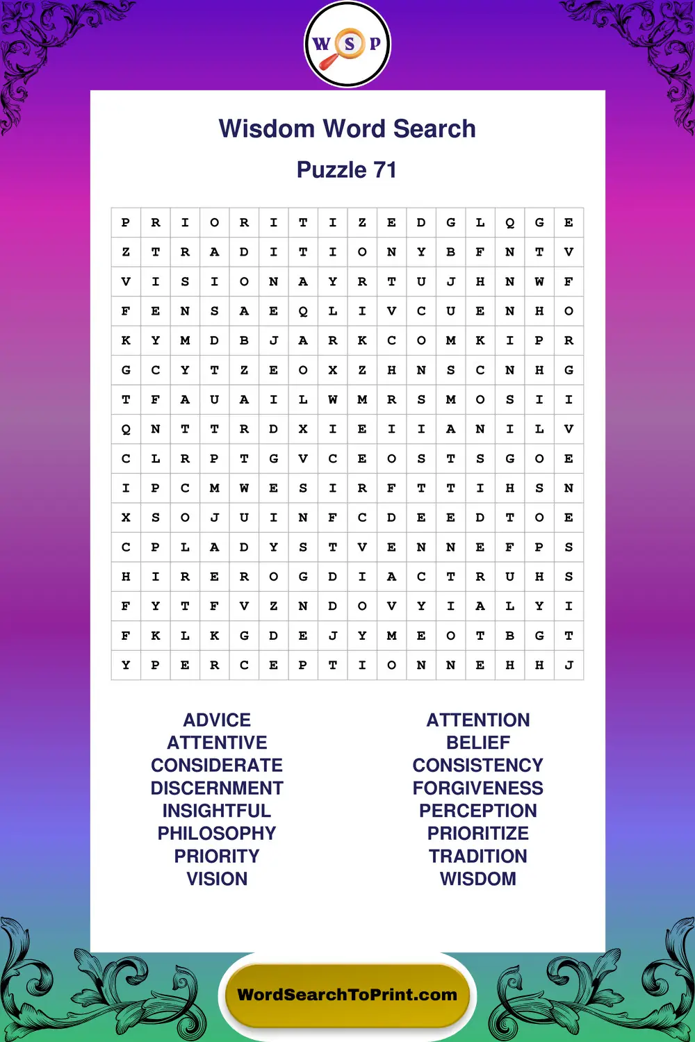 Wisdom Word Search Puzzle 71