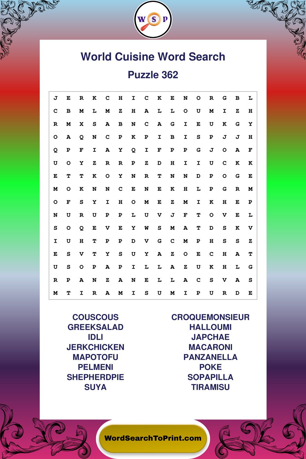 World Cuisine Word Search Puzzle 362
