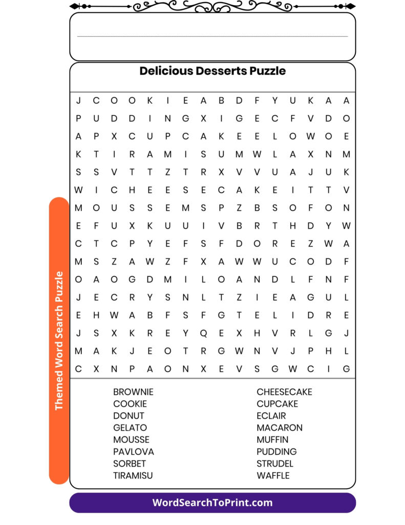 Delicious Desserts Word Search Printable