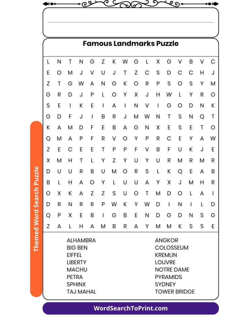 Famous Landmarks Word Search Printable