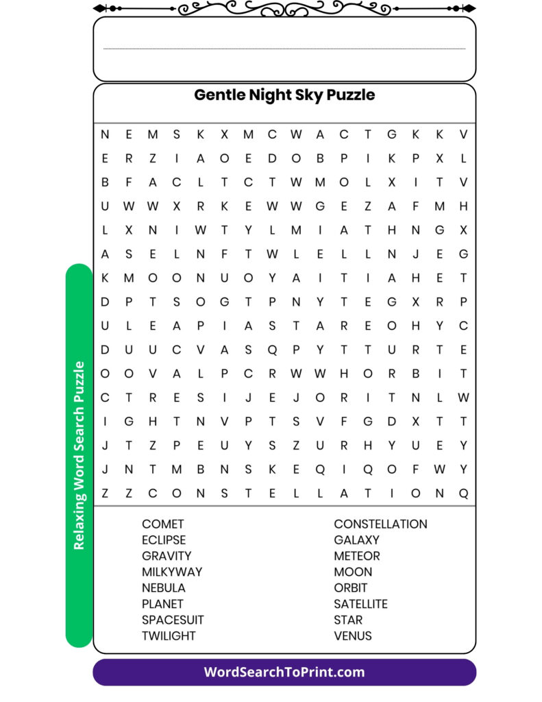 Gentle Night Sky Word Search Printable