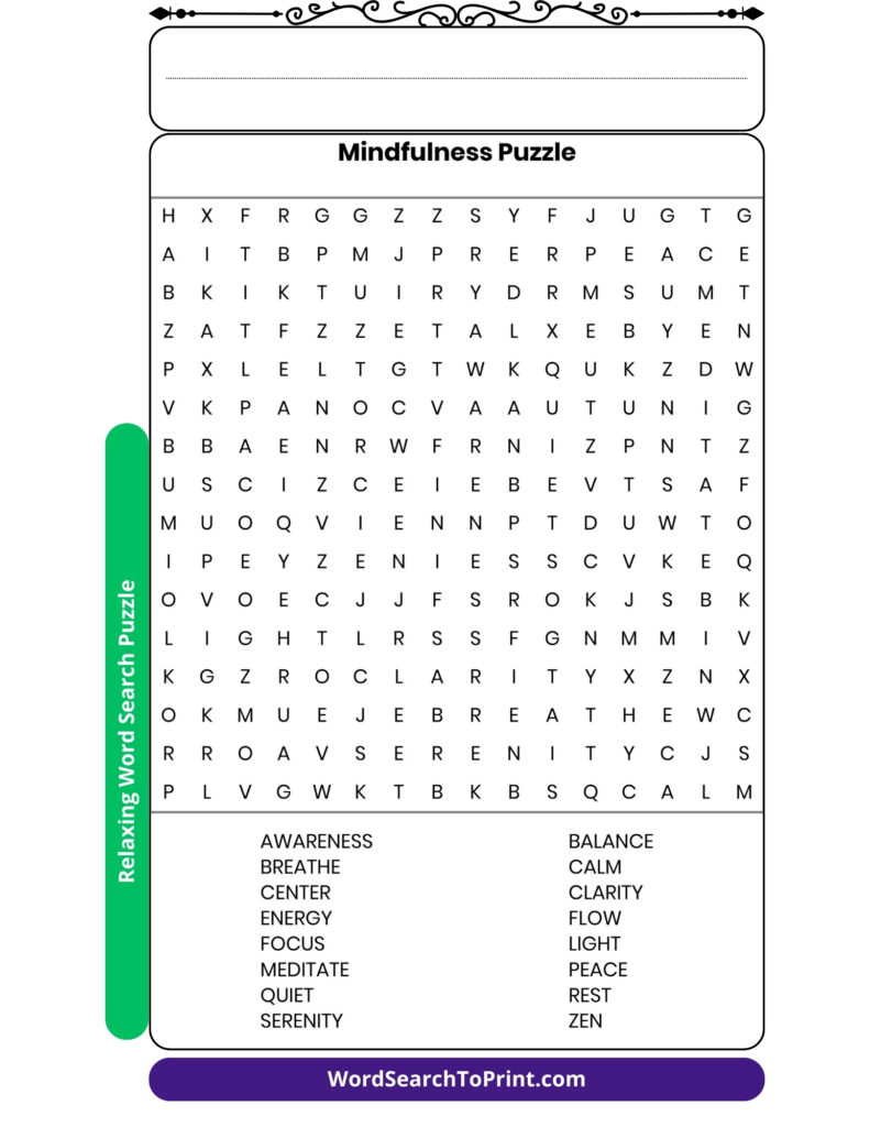 Mindfulness Word Search Printable