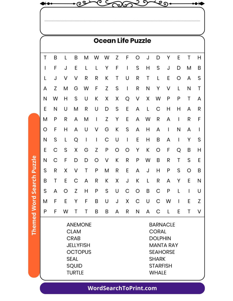 Ocean Life Word Search Printable