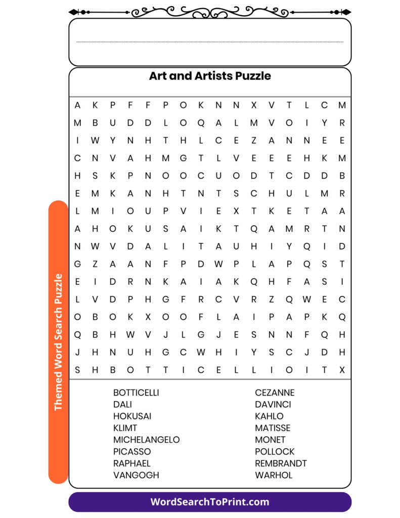 Art and Artists Word Search Printable