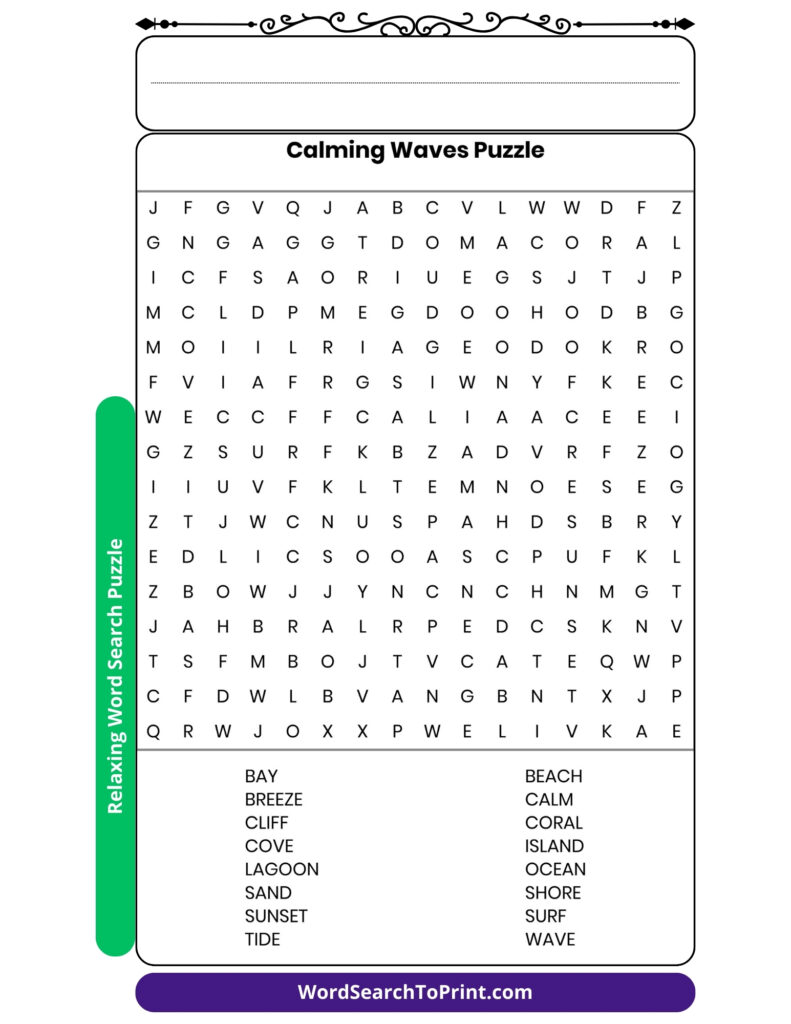 Calming Waves Word Search printable