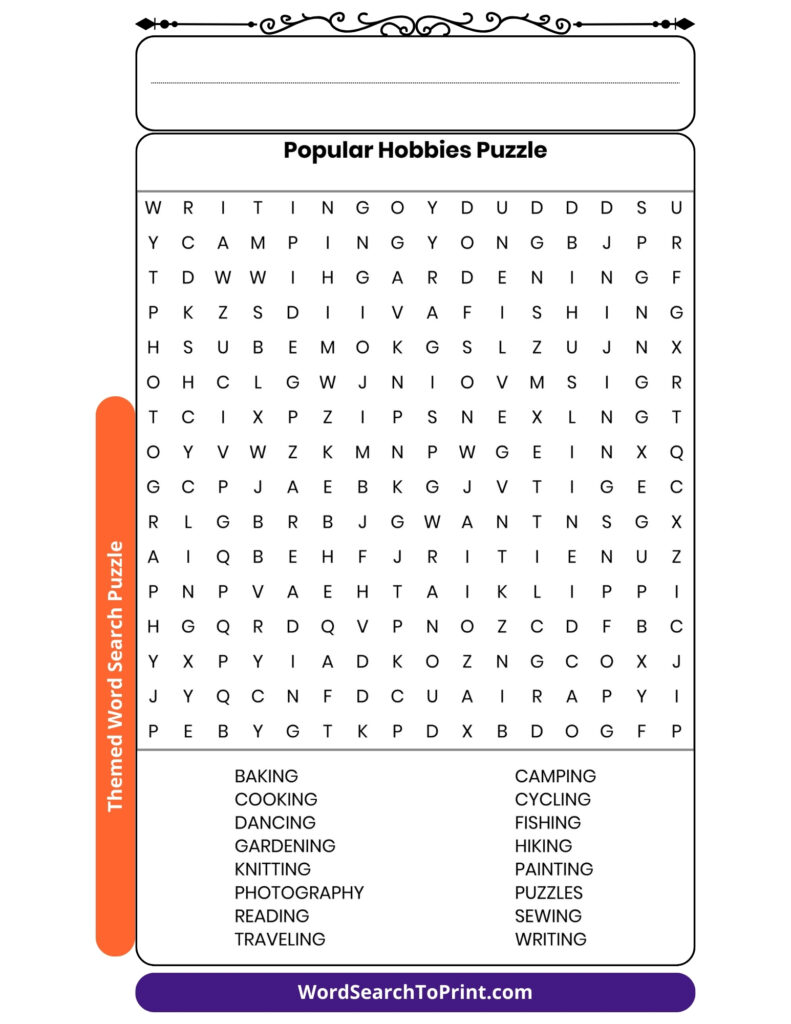 Popular Hobbies Word Search Printable