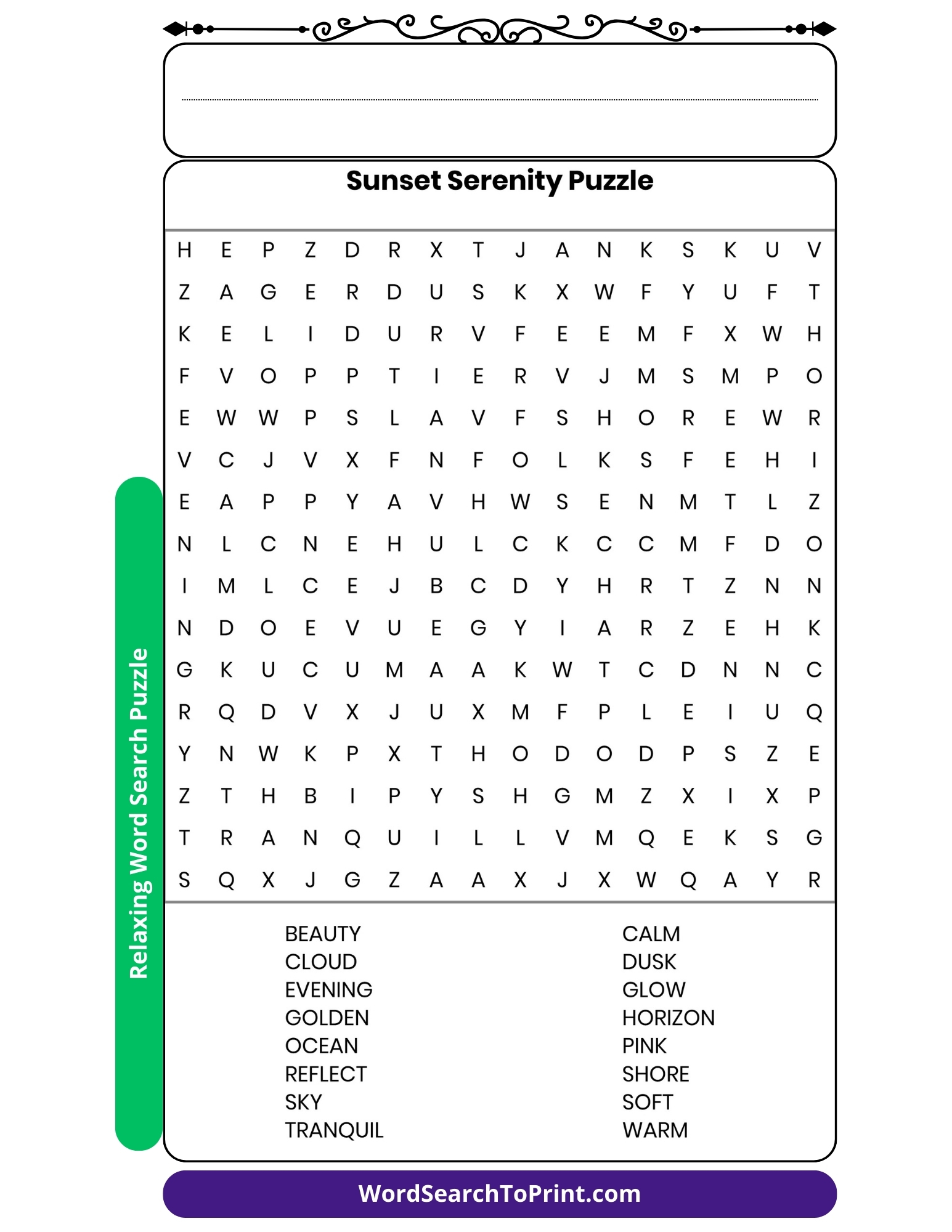 Sunset Serenity Word Search Printable