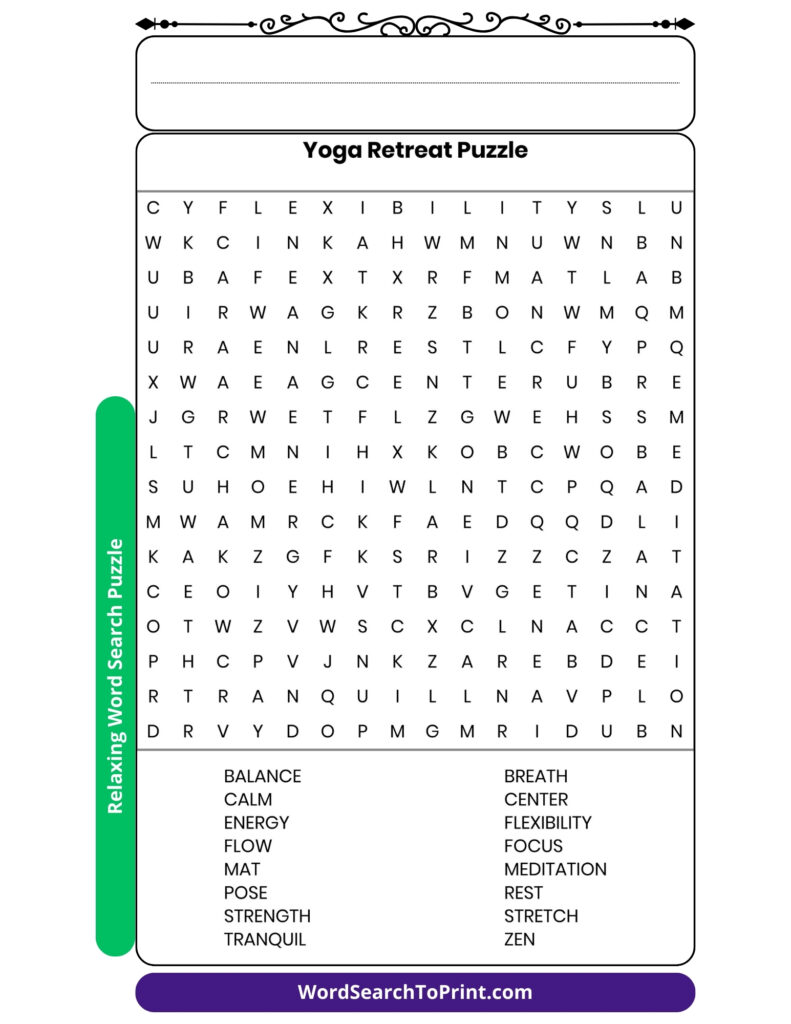 Yoga Retreat Word Search Printable